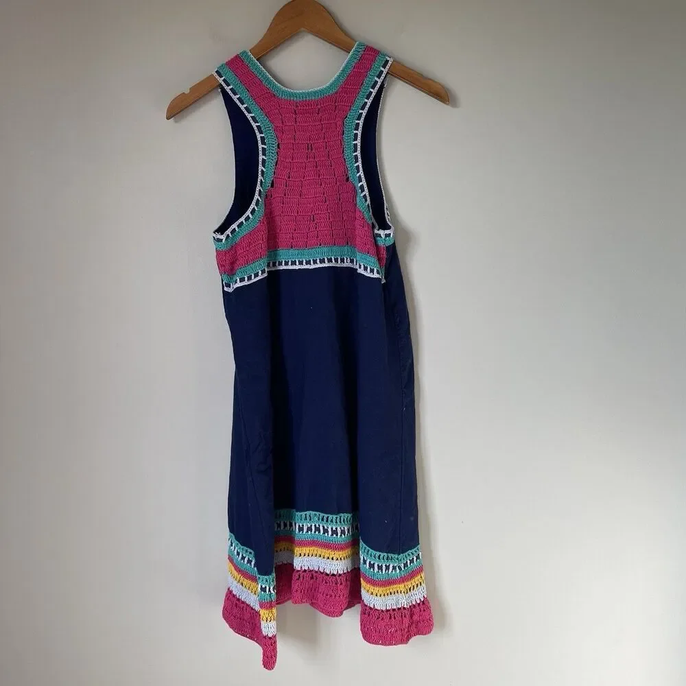 Akemi & Kin Linen Blend Crochet Knit Midi Dress Blue Pink Sleeveless Women's XS